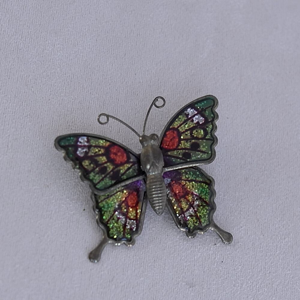 Vintage Butterfly Brooch Pin Colorful Enamel Red Yellow Green Brass Tone